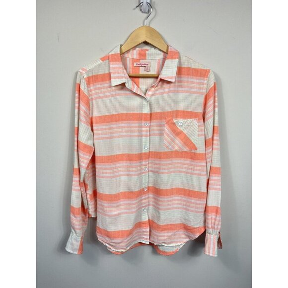 fresh produce Tops - Fresh Produce Womens L White Blouse Button Down Long Sleeve Orange Striped Beach